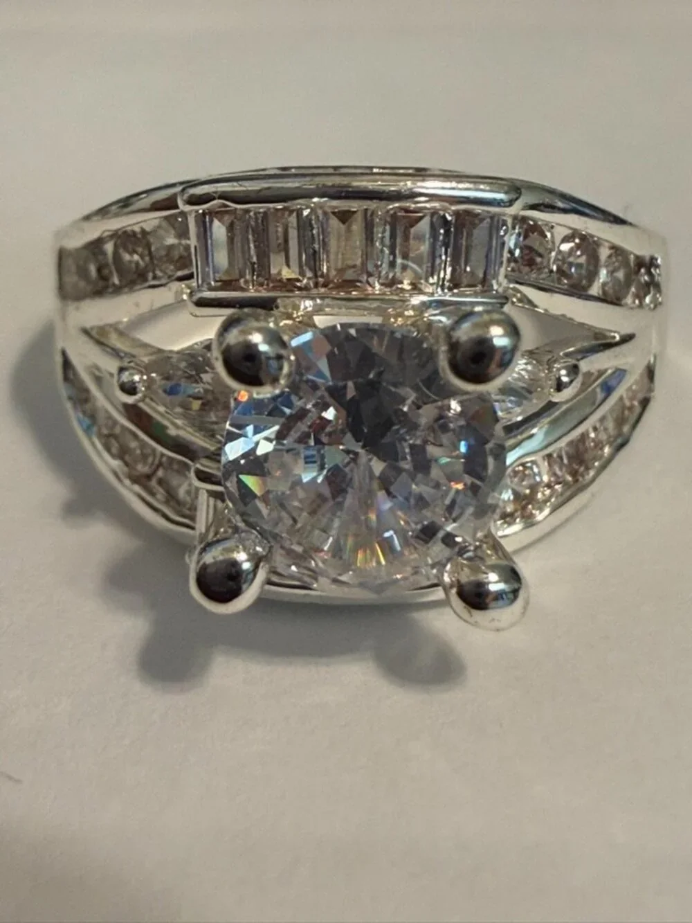 Gorgeous Silver-Plated CZ Baguette & Solitaire Statement Ring Size